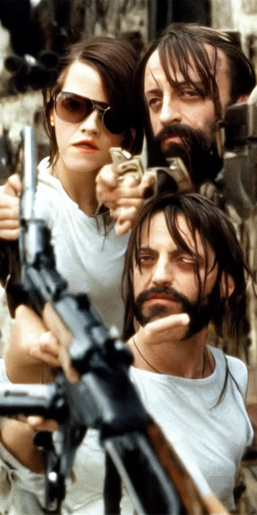 Image similar to Emma Watson and Jean Reno in Leon The Professional holding guns