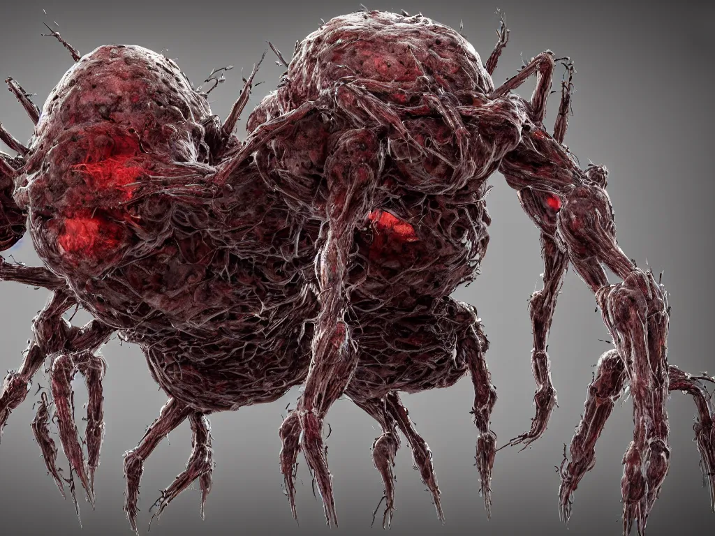 Image similar to Techno-biological iron-meat cat spider. Consisting of tumors, fur, veins, guts, long spider paws, kidneys, wires, shafts. The head is made of mechanisms and a fanged maw. Bodyhorror, biopunk, extremely high detail, ultra realistic, photorealism, concept art, octane render, view from a distance, 8k, 16k