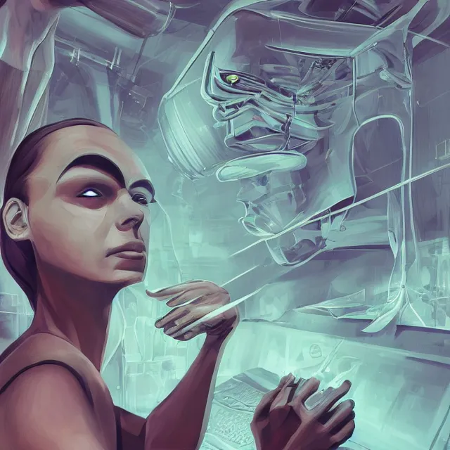 Image similar to scientists confronting a malevolent digital intelligence, hi tech, futurism, rhads!!!, ominous, digital science fiction realism, urban fantasy, saturday morning cartoon, clean linework, ( alexander archipenko ), western animation