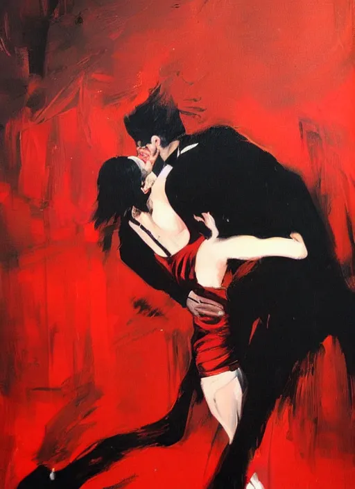 Image similar to tango dancerin in black and red dress, painting by phil hale, fransico goya,'action lines '!!!, graphic style, visible brushstrokes, motion blur, blurry, visible paint texture, crisp hd image