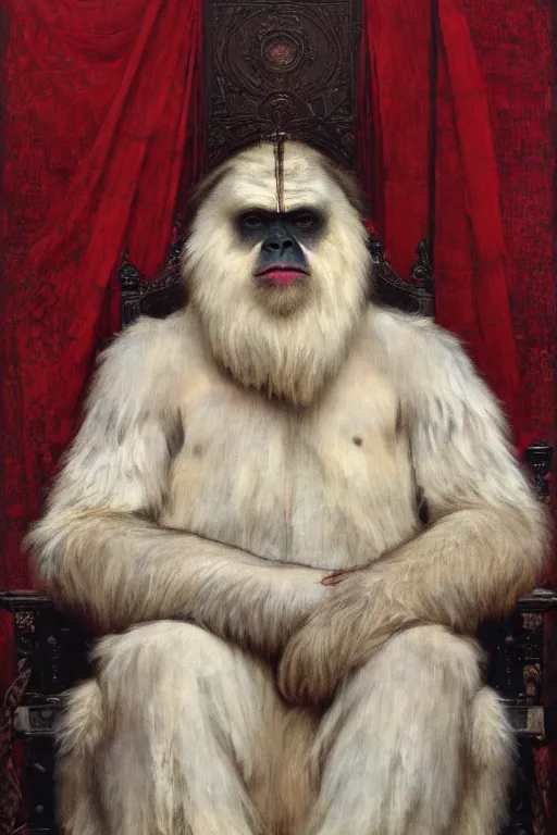 Prompt: portrait of yeti sitting on a throne. face is highly detailed. intricate. splices of red are running down his toga. close shot. dark background. soft light. imagined by jeremy lipking and alphonse mucha