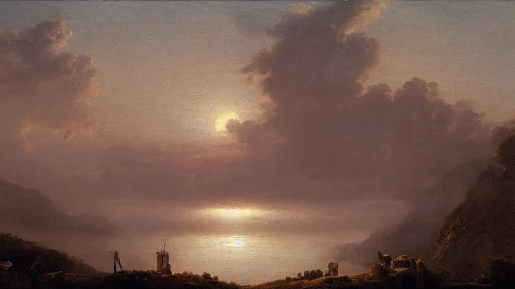 Image similar to so the sun set. i forgot to mention that a belt of mist lay between my hill and other hills, and that it was the color of pearl, claude lorrain