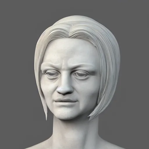 Prompt: 3 / 4 view androgynous bust sculpture made of marble and with long flowing wig made of clear glass, rendered in cinema 4 d, sharp focus