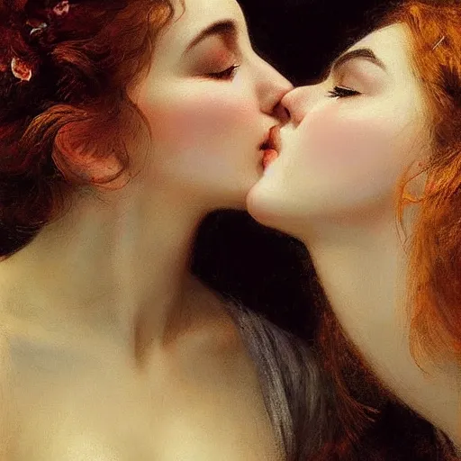 Image similar to Two beautiful women leaning in for a kiss, vertical symmetry, vintage shading, romance, photorealistic, highly detailed, by Ilya Repin and artgerm