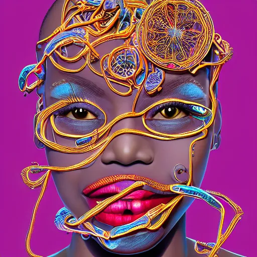 Prompt: the anatomical face of a ridiculously beautiful and pretty black woman partially made of onion rings of all colors looking up, an ultrafine detailed illustration by james jean, final fantasy, intricate linework, bright colors, behance contest winner, vanitas, angular, altermodern, unreal engine 5 highly rendered, global illumination, radiant light, detailed and intricate environment