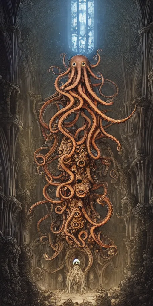 Image similar to group of mankind species mages with big octopus heads and a lot of translucent jellyfishes floating around inside an ancient mage castle hall colossal scale, gothic and baroque, brutalist architecture, ultradetailed, Intricate by Ellen Jewett and Josan Gonzalez and Giuseppe Arcimboldo