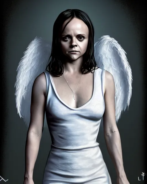 Image similar to Full body potrait of christina Ricci as an angel, hyper realistic, prismatic highlights, atmosphere, gorgeous, depth of field, cinematic, macro, concept art, 50mm, artstation, wlop, elegant, epic, weta digital, focus, octane render, v-ray, 8k, kodak portra, art by Liberatore