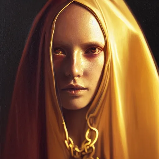 Image similar to a portrait of a young woman wearing a long dark cloak, hood and shadows covering face, holding golden chains, oil painting, matte painting, black background, Volumetric Golden dappled dynamic lighting, Highly Detailed, Cinematic Lighting, Unreal Engine, 8k, HD, by Beksinski