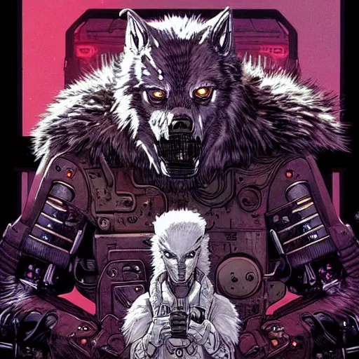 Image similar to portrait of a cybernetic werewolf warrior with white fur and power armor, cyberpunk concept art by josan gonzales and moebius and enki bilal and and dan mumford and jean claude meziere and philippe druilleg
