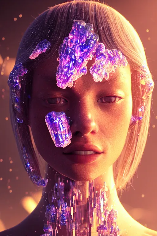 Image similar to a beautiful girl from whose body mineral crystals grow, biopunk, in full growth, magical crystals, smoky crystals, translucent crystals, luminous sparkling crystals, many details, 3 d, cinematic, hyper realism, high detail, octane render