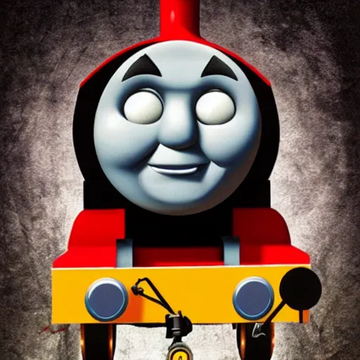 Prompt: Thomas the Tank Engine, horror, pain, dark, destruction, death