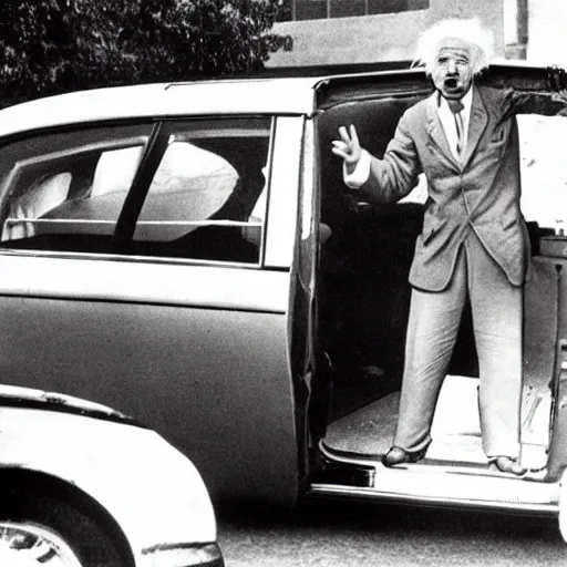 Prompt: Albert Einstein show how to open car door