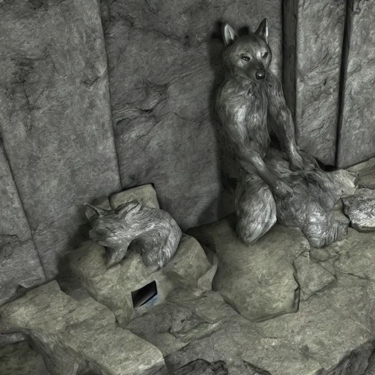 Image similar to a grey and rough hewn shiba inu statue guarding a draugr tomb, light coming in through cracks, skyrim pc screenshot