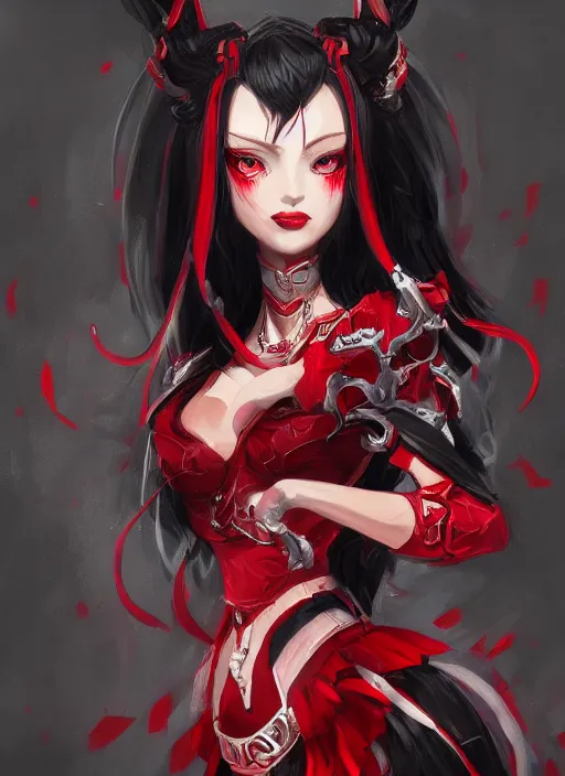 Prompt: a highly detailed illustration of beautiful long hime cut black hair woman wearing a red battle dress, red eyes, dramatic smile pose, intricate, elegant, highly detailed, centered, digital painting, artstation, concept art, smooth, sharp focus, league of legends concept art, WLOP