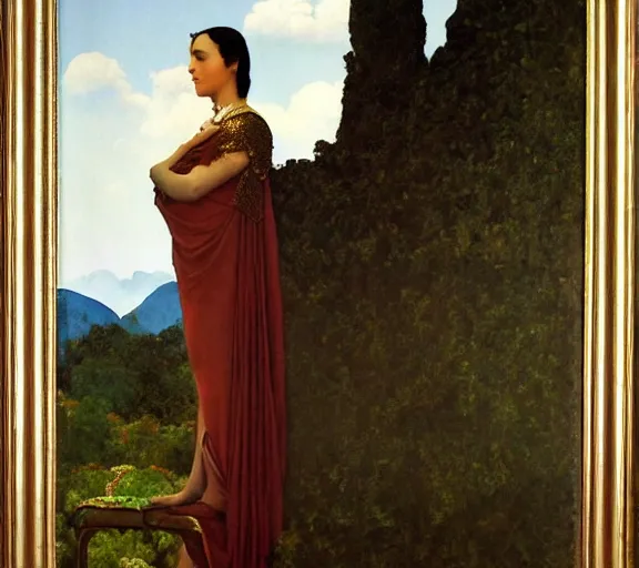Image similar to an oil painting a queen with dark hair and white fair skin standing on a throne by maxfield parrish, highly detailed, realistic, realism, manierism, oil painting, wide shot