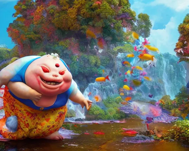 Image similar to of a very beautiful scene. ambient occlusion render. a sweet fat old woman is dancing with a huge colorful fish. hyper realistic. 4 k. wide angle. wild happiness. symmetrical face, red mouth, blue eyes. deep focus, lovely scene. ambient occlusion render. concept art. unreal engine.