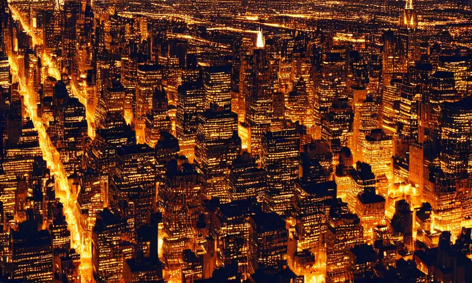 Prompt: photo of new york city at night, birdseye view, 4k, grainy, film photography