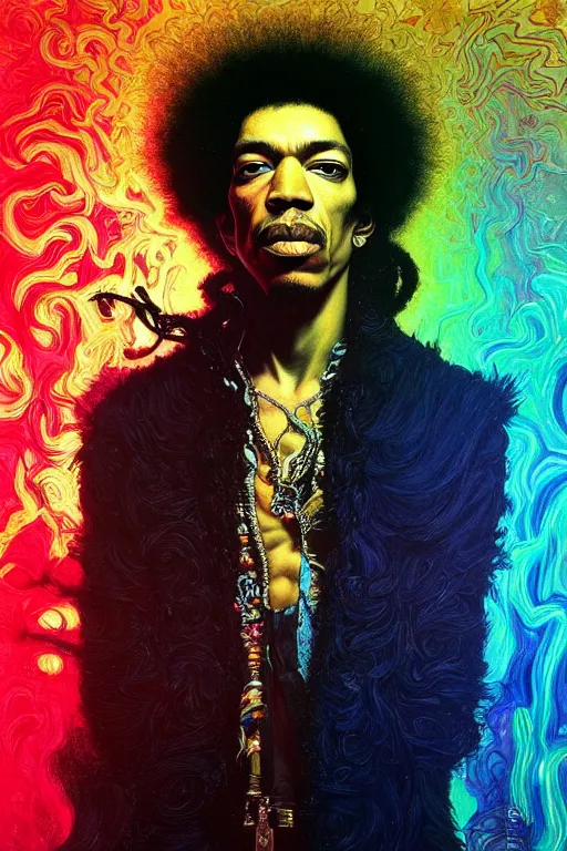 Image similar to A Weirdcore Mesmerizing 8k hyperrealistic portrait of cyberpunk Jimi Hendrix with electric neon hair strands, floating in spirals of iridescent mycelum, painted by Caravaggio, Greg rutkowski, Sachin Teng, Thomas Kindkade, Alphonse Mucha, Norman Rockwell, Tom Bagshaw