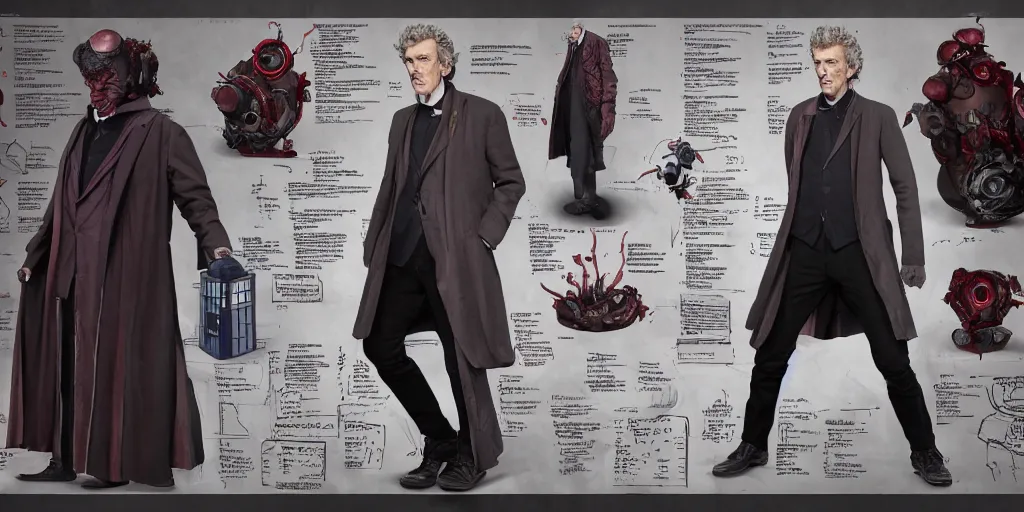 Image similar to peter capaldi as doctor who, character sheet, concept design, contrast, hot toys, kim jung gi, greg rutkowski, zabrocki, karlkka, jayison devadas, trending on artstation, 8 k, ultra wide angle, pincushion lens effect