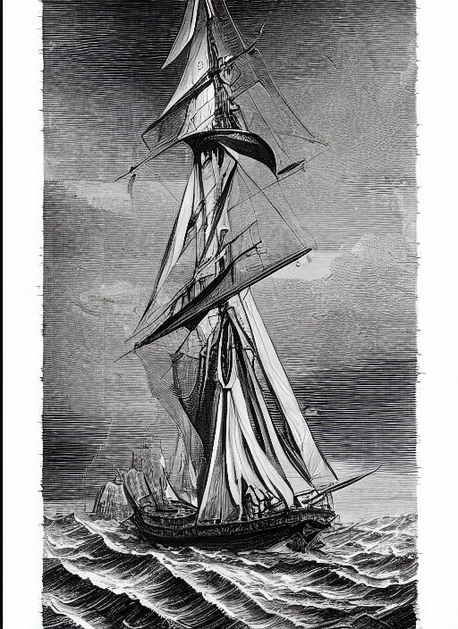 Image similar to realistic galleon on the high seas big waves moonlight, art by james o barr and albrecht durer and gustave dore, woodblock print, steel engraving, black and white, vector, vector art