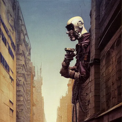 Image similar to portrait of masked cyberpunk scientist on the art deco streets of the Empire city, award-winning realistic sci-fi concept art by Beksinski, Bruegel, Greg Rutkowski, Alphonse Mucha, and Yoshitaka Amano