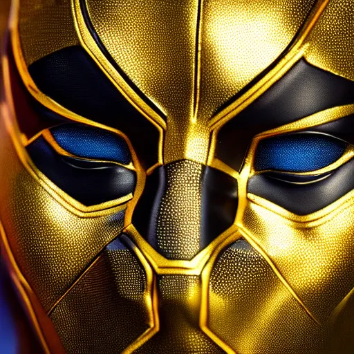 Image similar to a close up photo of a detailed golden statue of Black Panther, 8K,