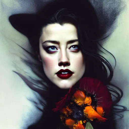 Prompt: hyperrealistic portrait of a woman as amber heard as a vampire witch tears makeup in a black coat turned back while closing a window over the shoulder shot portrait with falling petals in wind. by jeremy mann and alphonse mucha, fantasy art, photo realistic, dynamic lighting, artstation, poster, volumetric lighting, very detailed faces, 4 k, award winning