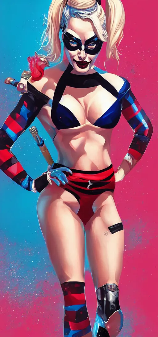 Image similar to margot robbie as harley quinn in a swim suit by artgerm, full body, epic composition