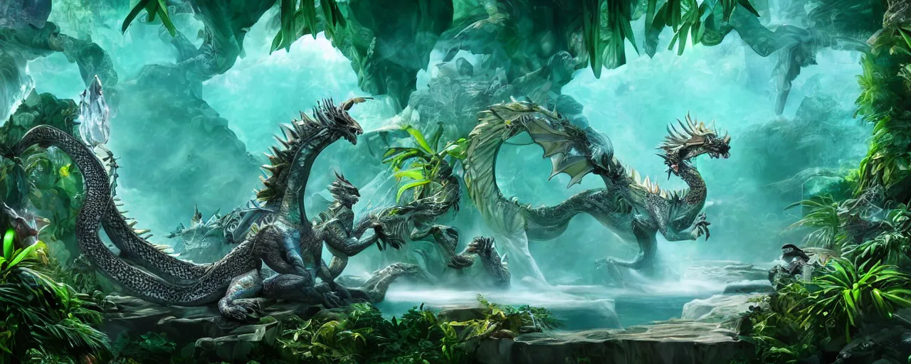 Prompt: crystal dragon in jade jungle with mystical animals, high quality 4k, trending on artstation