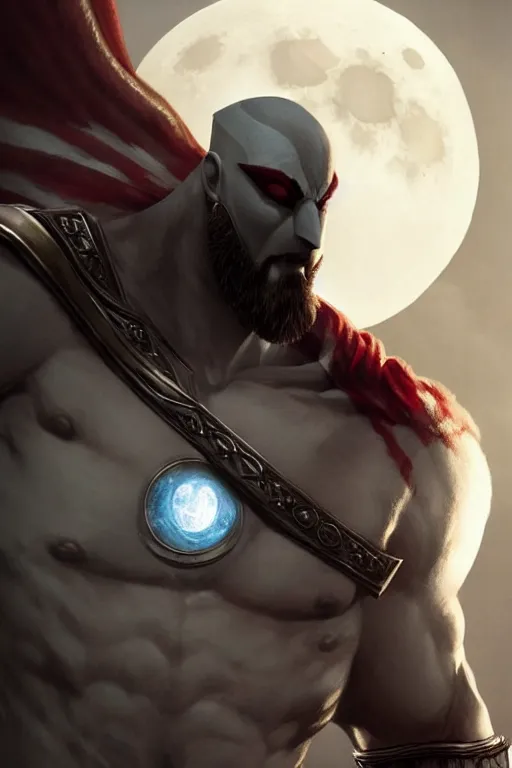 Image similar to symmetry of moon knight mixed with kratos from gow, rpg reference, art by greg rutkowski, artgerm, trending on artstation, octane render, insanely detailed, 8 k, hd