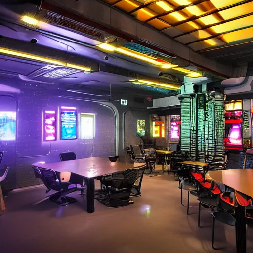 Prompt: digital HD cyberpunk indoor cafe