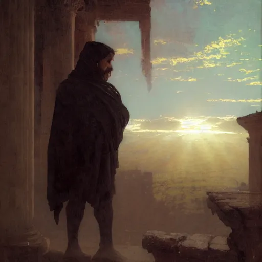 Image similar to half portait of magican wearing a cowl reading big old book! while walking, jeremy mann, jean leon gerome, tiepolo, alphonse mucha, greg rutkowski, face in the shadows, ( ( ruins of ancient rome ) ), at dusk, mysterious atmosphere, sunrays, dof, masterpiece, high detailed, 8 k