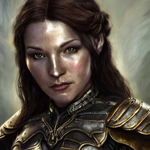 Image similar to the elder scrolls vi character brunette female portrait partially clothed in exquisitely deatiled metal - plated battle armour, atmospheric lighting, painted, intricate, volumetric lighting, beautiful, rich deep colors masterpiece, sharp focus, ultra detailed by leesha hannigan, ross tran, thierry doizon, kai carpenter, ignacio fernandez rios