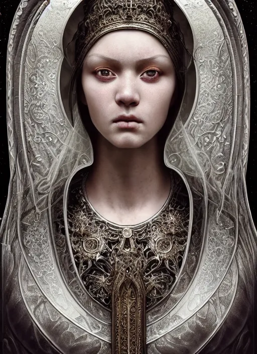 Prompt: hyperrealistic mixed media portrait of a beautiful female holy cleric, stunning 3d render inspired art by Mark Ryden + perfect facial symmetry + dim volumetric lighting, ornate silver gothic armor, swirling radiant energy, 8k octane beautifully detailed render, post-processing, extremely hyperdetailed, intricate, epic composition, grim yet sparkling atmosphere, cinematic lighting + masterpiece, trending on artstation, Art Nouveau