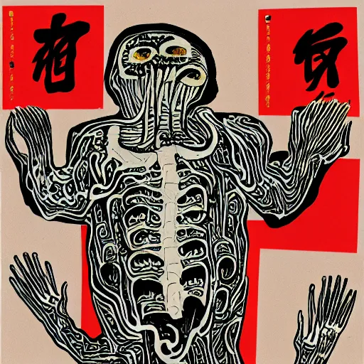 Prompt: chinese surgeons organ harvesting, in the style of daniel johnston and outsider art, 8k, line brush, minimal, overlaid with chinese caligraphy