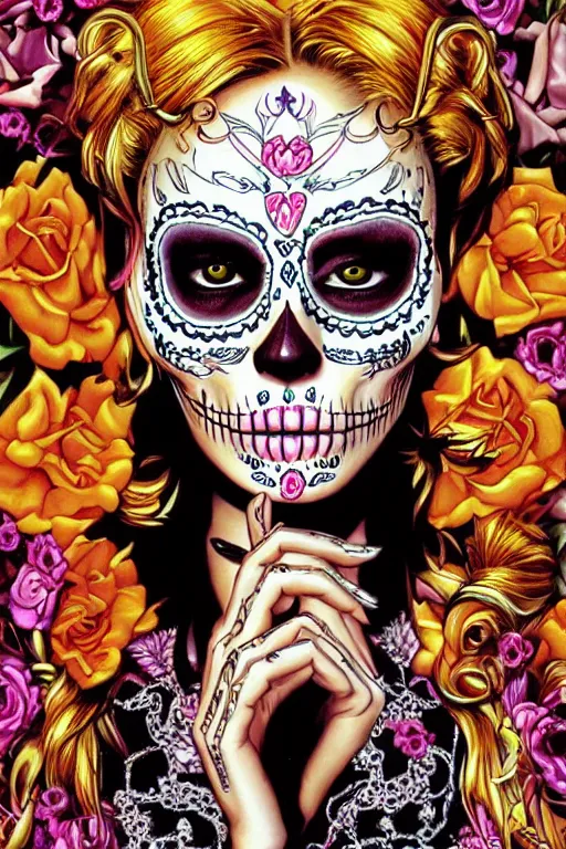 Prompt: illustration of a sugar skull day of the dead girl, art by hajime sorayama