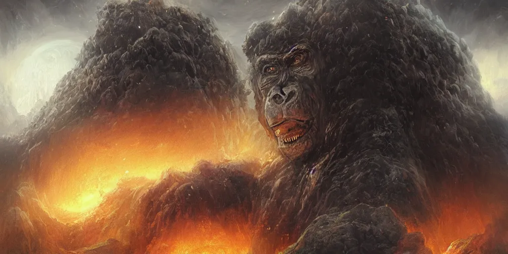 Prompt: concept art of giant gorilla, lava rocks, renaissance, roaring, melting horror, round moon, rich clouds, fighting the horrors of the unknown, mirrors, very detailed, volumetric light, mist, fine art, decaying, textured oil over canvas, epic fantasy art, very colorful, ornate scales, anato finnstark