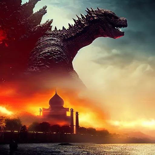 Prompt: godzilla near taj mahal, majestic, breathtaking, film still from godzilla 2 0 1 4, 8 k, unreal engine 5 rendering, hyper realistic, global illumination, radiant lighting, clear image, intricate environment