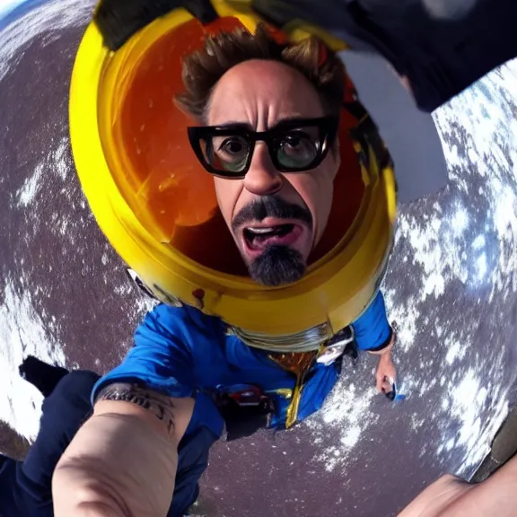 Image similar to robert downey jr eating a hot dog on the moon, dynamic lighting, gopro selfie with a fisheye lense