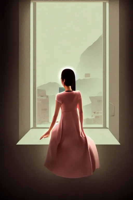 Prompt: joana sitting lookin at window composition : dynamic lighting, digital painting, center of interest, intricate, proportion, highly quality, balance, unity, extremely highly detailed. by bambang nurdianshyah ( details and background ) garis edelweiss ( lighting ) roby dwi antono ( character ) kira ayn varszegi ( dress )