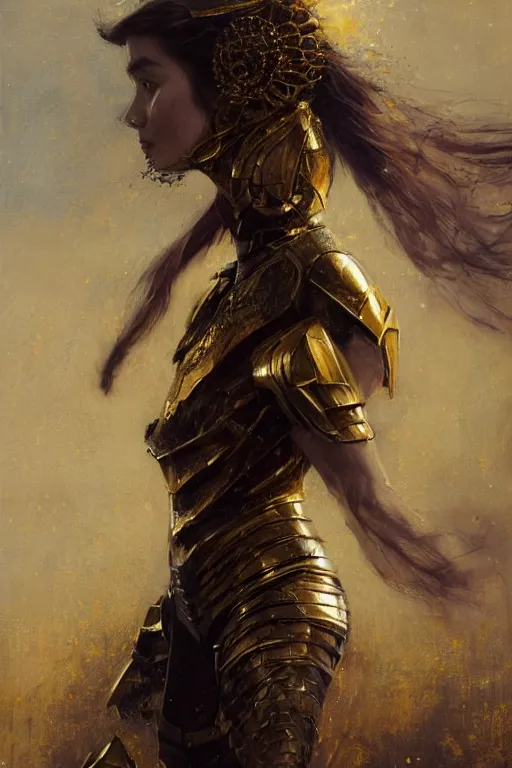 Image similar to redhead emilia clarke wearing black and gold geometric armour, bare legs, detailed, by gaston bussiere, bayard wu, greg rutkowski, giger, maxim verehin, greg rutkowski, masterpiece, sharp focus, cinematic lightning