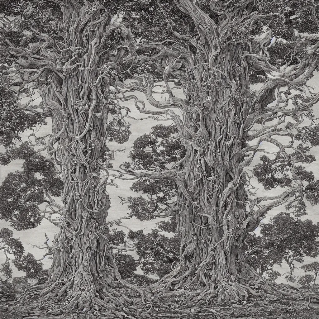 Prompt: tree of life, yggdrasil, by moebius, by laurie lipton