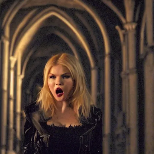 Image similar to elisha cuthbert as a vampire menacingly opening her mouth in a gloomy gothic cathedral at night