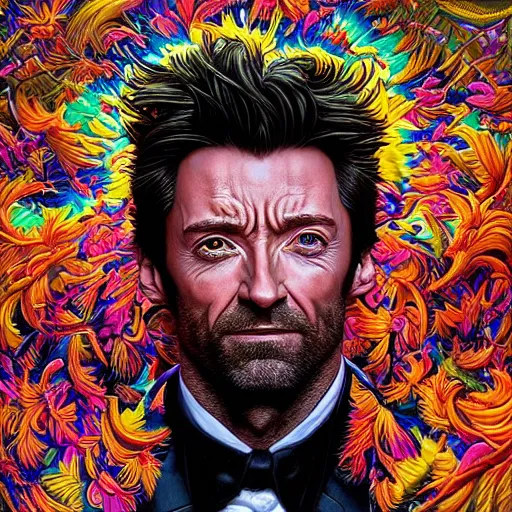 Image similar to portrait of hugh jackman, hyper detailed masterpiece, neon floral pattern, jean giraud, digital art painting, darkwave goth aesthetic, psychedelic, artgerm, donato giancola and tom bagshaw