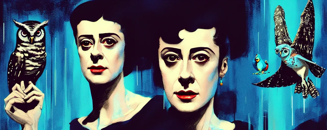 Image similar to duotone concept illustration 3 / 4 portrait of sean young as rachael from blade runner 1 9 8 2 with owl in the background. cinematic volumentric lighting. golden ratio tech noir by sachin teng and sergey kolesov and ruan jia and heng z. graffiti art, scifi, fantasy, hyper detailed. octane render. concept art. trending on artstation