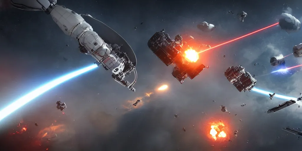Image similar to ultra realistic detailed spacecraft battle scene, cinematic scifi shot, laser fire, explosions, ultra realistic details, 8 k