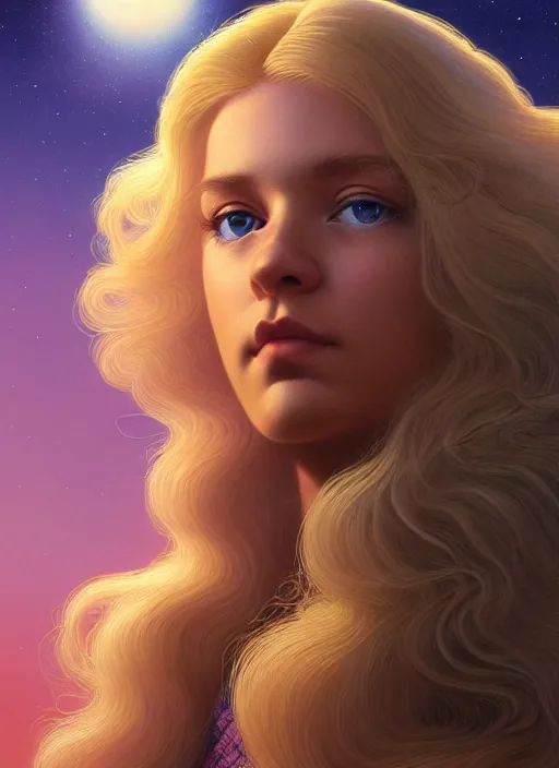 Image similar to highly detailed closeup portrait young plejaden woman with wavy blonde hair in a retro spaceship with large windows, stephen bliss, unreal engine, greg rutkowski, ilya kuvshinov, ross draws, hyung tae and frank frazetta, tom bagshaw, tom whalen, nicoletta ceccoli, mark ryden, earl norem, global illumination, god rays, detailed and intricate environment