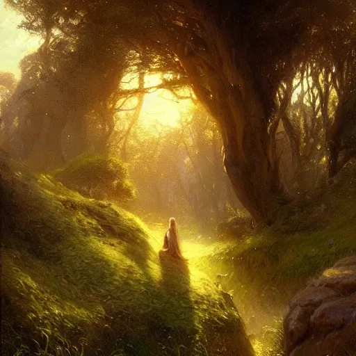 Prompt: the shire from lord of the rings, art by greg rutkowski gaston bussiere fantasy soft hair trending on artstation deviantart book cover art concept art key art dramatic volumetric lighting, 4 k, award winning