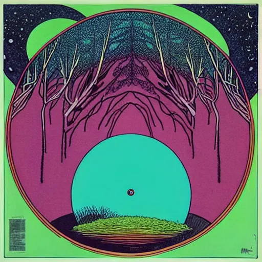 Image similar to ( ( ( ( ( forest on a mysterious planet ) ) ) ) ) by mœbius!!!!!!!!!!!!!!!!!!!!!!!!!!!, overditailed art, colorful, record jacket