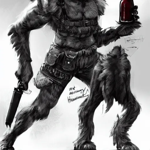 Image similar to a humanoid german shepherd beast - man in military style, holding a bottle of beer, artstation, concept art, smooth, sharp foccus ilustration, artstation